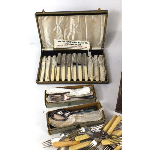 136 - Large selection of silver plated and stainless steel cutlery, some with ivorine handles including Sh... 