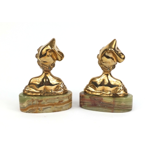 2180 - Pair of Art Nouveau style brass busts mounted on green onyx bases, 20cm high