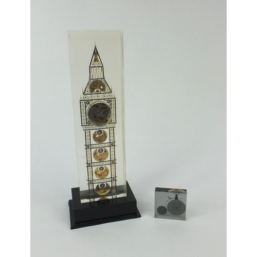 160 - Watch part Perspex Big Ben clock designed by Hugh McWhirter, and one other, the larger 45cm high