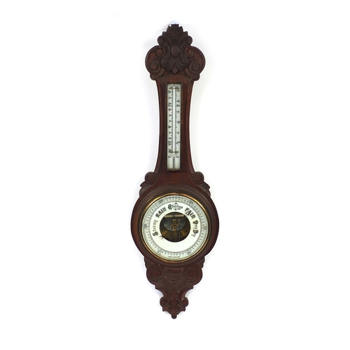 2366 - Carved mahogany wall barometer and thermometer, 90cm high