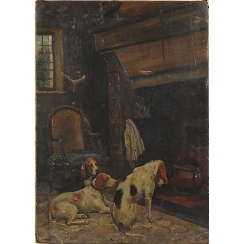 2261 - After John Emms - Unframed oil onto canvas, dogs beside a fireplace, 56cm x 40cm