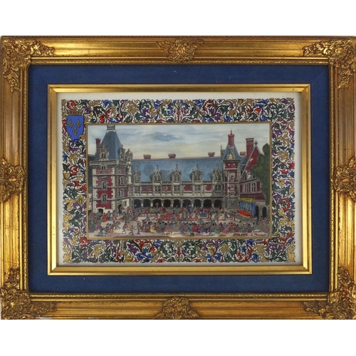 109 - Framed Royal Delft plaque decorated with figures at a Royal feast, signed J. Greadassy?, 29m x 21cm ... 