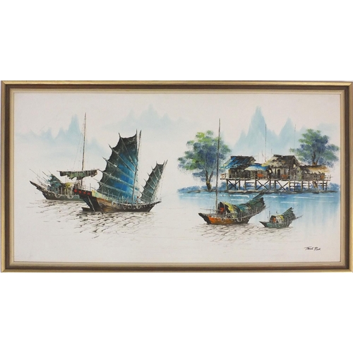 66 - Tang Ping signed oil on board of Oriental junks, 109cm x 60cm excluding the frame