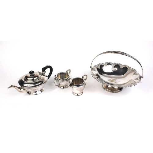 122 - T L & S silver plated three piece tea service, and a Hukin & Heath silver plated fruit basket with s... 