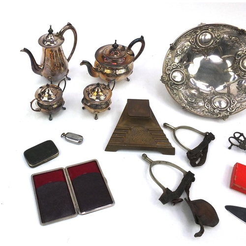 105A - Assorted silver plated items to include four piece tea service, a basket with crown decoration, cand... 