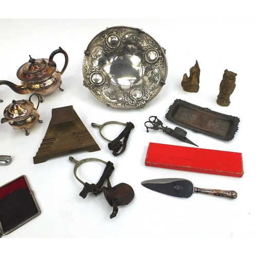 105A - Assorted silver plated items to include four piece tea service, a basket with crown decoration, cand... 