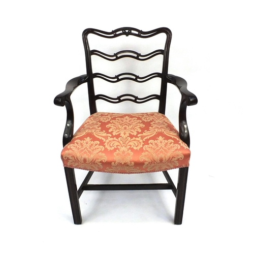 57 - Georgian mahogany elbow chair with wavy back and pink upholstered stuff over seat, 93cm high