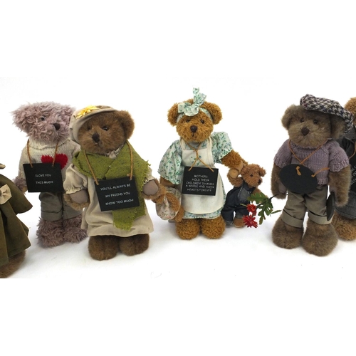 123 - Quantity of assorted teddy bears some with boards carrying a message, the bears approximate 30cm hig... 