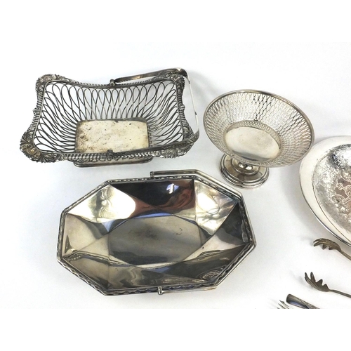 102 - Silver plated items including baskets with swing handles, teapot, cutlery etc