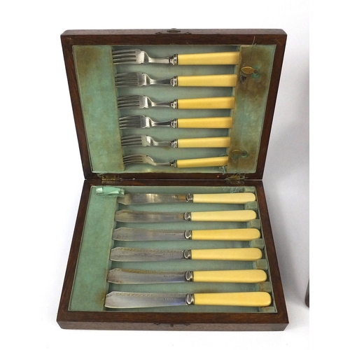 191 - Walker & Hall part canteen of silver plated cutlery and an oak cased set of fish knives and forks