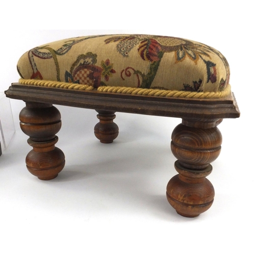 87A - Oak footstool with tapestry seat and a walnut bevelled mirror with shelf, 44cm long