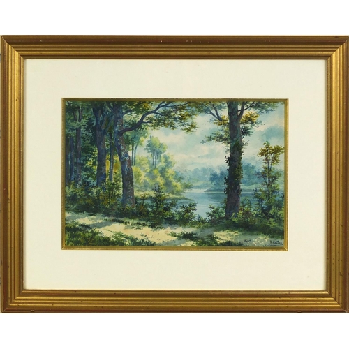 188 - A Hatton - Watercolour, treelined path beside a lake, mounted and gilt frame, 28cm x 19cm excluding ... 