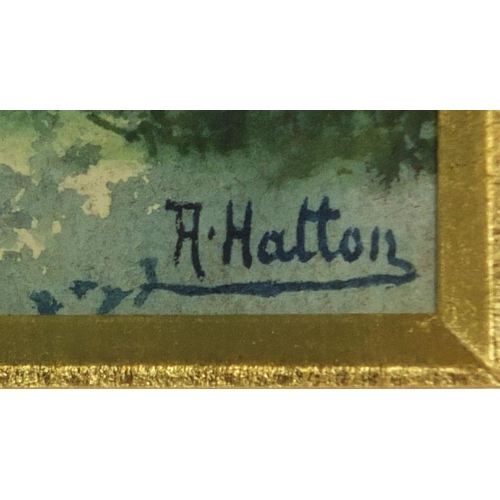 188 - A Hatton - Watercolour, treelined path beside a lake, mounted and gilt frame, 28cm x 19cm excluding ... 