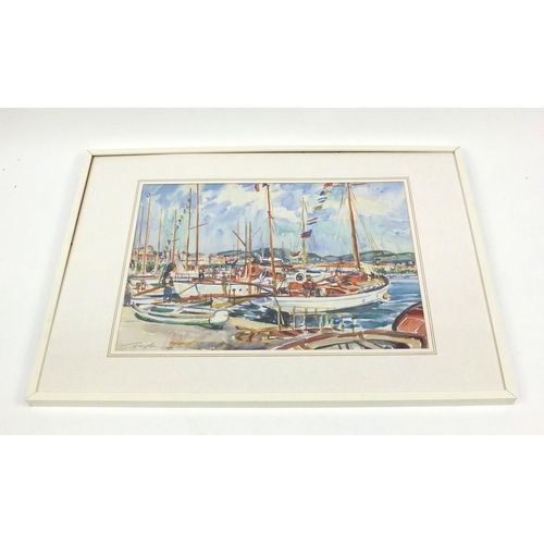 146 - Large watercolour of moored boats, bearing an indistinct signature, dated 1948, 68cm x 48cm excludin... 