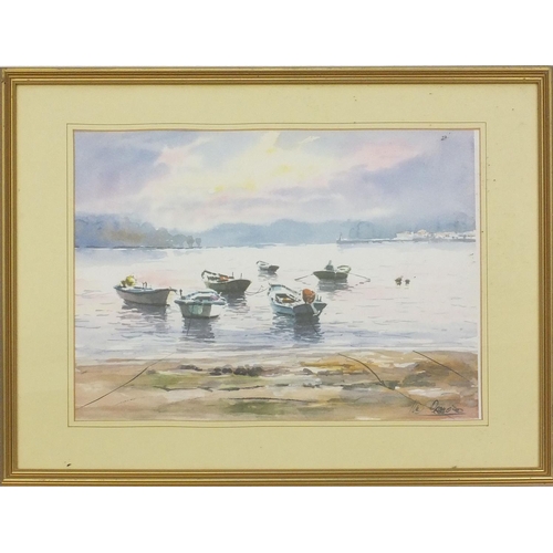 83 - Watercolour view of moored boats, 53cm x 36cm excluding the mount and frame