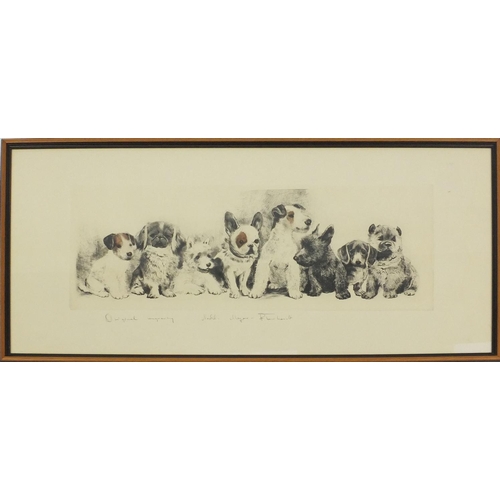 150 - Pencil signed engraving of a group of puppy dogs, 76cm x 35cm excluding the frame