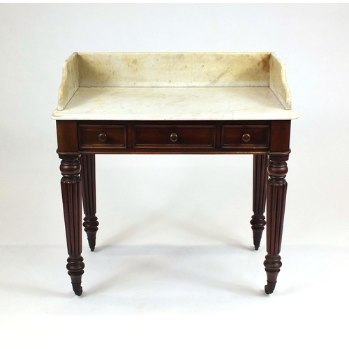 2006 - Victorian mahogany washstand with marble top above three drawers, one stamped 'M Willson 68 GREATQUE... 