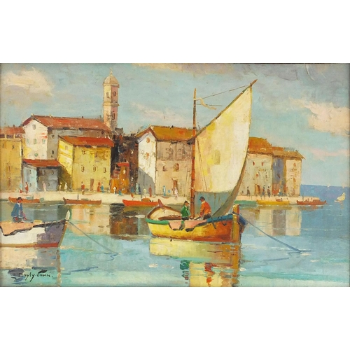 21 - Oil onto board of St Tropez, bearing a signature Doyly John in a carved wooden frame, 74cm x 44cm ex... 