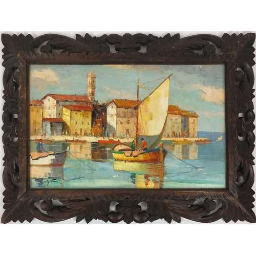 21 - Oil onto board of St Tropez, bearing a signature Doyly John in a carved wooden frame, 74cm x 44cm ex... 