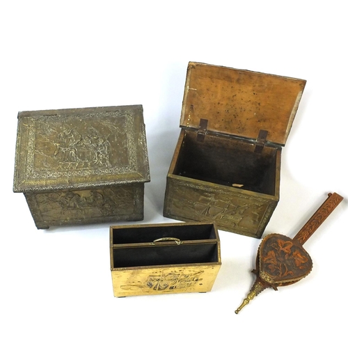 62 - Two brass mounted coal boxes, a similar magazine rack, brass companion set, fire bellows and a sprin... 