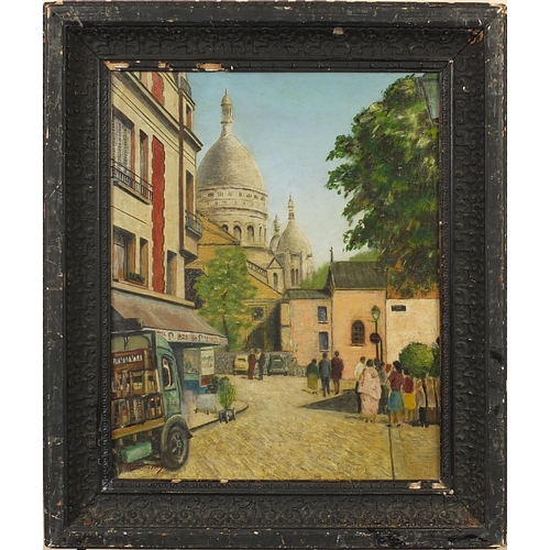 206 - Oil onto board study of a French street scene, framed, 44cm x 36cm excluding the frame