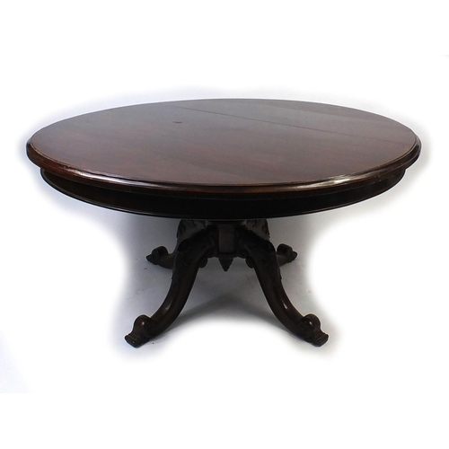 9 - Victorian circular mahogany dining table, with carved scroll feet, 77cm high x 149cm in diameter
