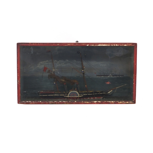 299 - Diorama of a paddle steamer housed in a glazed case, 32cm high x 62.5cm wide x 18.5cm deep