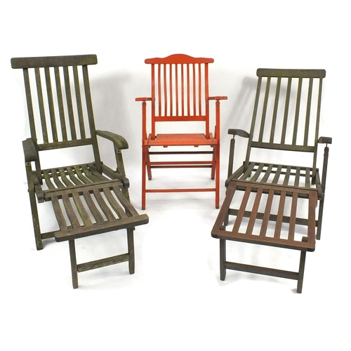 40A - Two teak folding garden chairs and one other painted folding chair