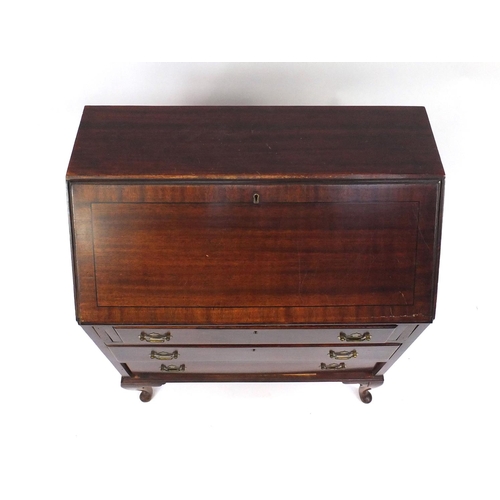 50A - Inlaid mahogany bureau fitted with a fall above three drawers and raised on cabriole legs, 97cm high... 