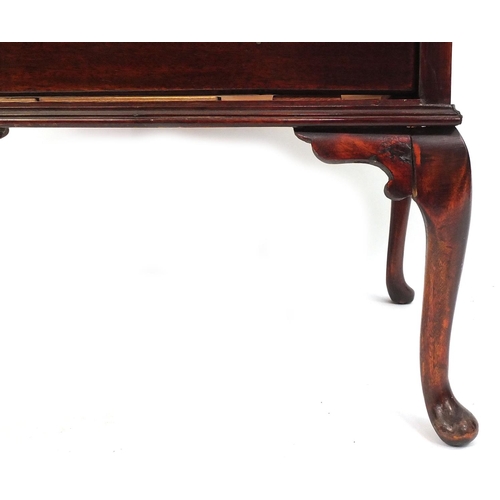 50A - Inlaid mahogany bureau fitted with a fall above three drawers and raised on cabriole legs, 97cm high... 