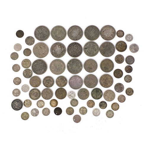 2431 - Group of British pre decimal coinage some silver examples including half crowns, three penny bit, sh... 