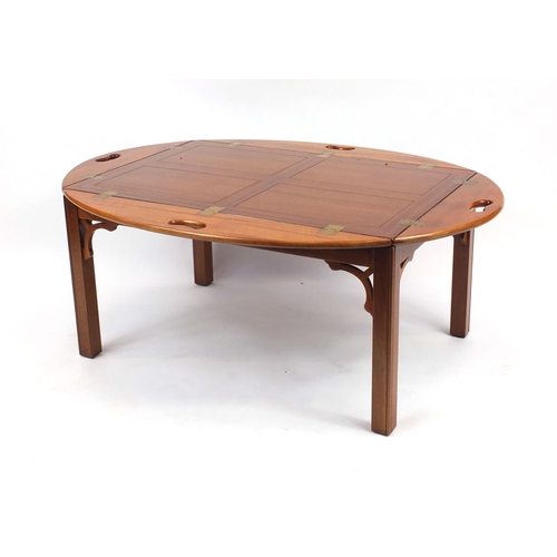 2020 - Mahogany butlers tray on stand with hinged drop down handles, 63cm high x 93cm wide x 63cm deep