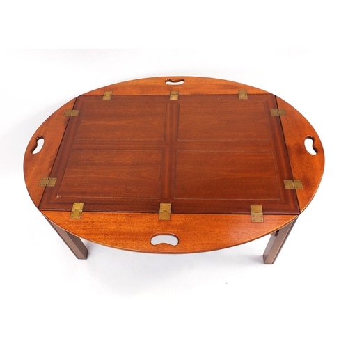 2020 - Mahogany butlers tray on stand with hinged drop down handles, 63cm high x 93cm wide x 63cm deep