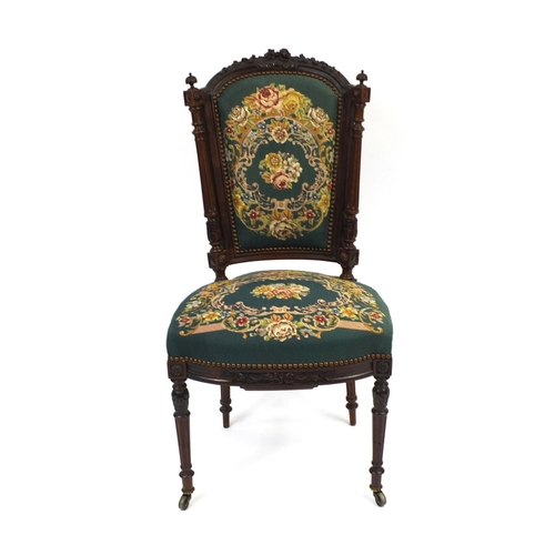 2012 - French rosewood boudoir chair with rose carved top rail and floral needlepoint upholstery, 96cm high