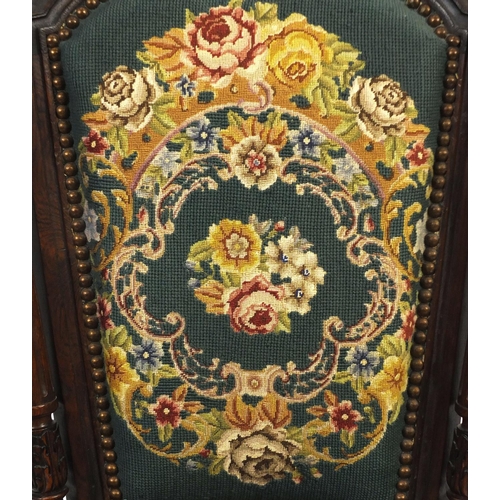 2012 - French rosewood boudoir chair with rose carved top rail and floral needlepoint upholstery, 96cm high