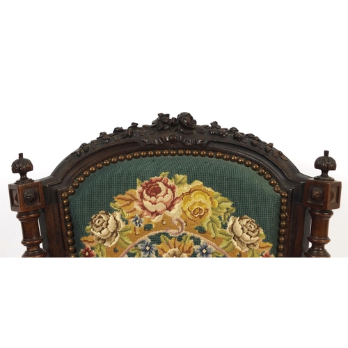 2012 - French rosewood boudoir chair with rose carved top rail and floral needlepoint upholstery, 96cm high