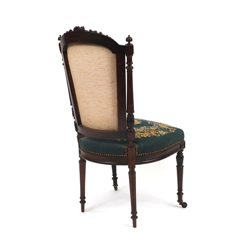 2012 - French rosewood boudoir chair with rose carved top rail and floral needlepoint upholstery, 96cm high