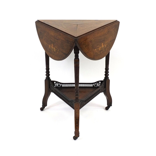 2017 - Victorian rosewood drop leaf occasional table, the top inlaid with urns and masks, with galleried un... 