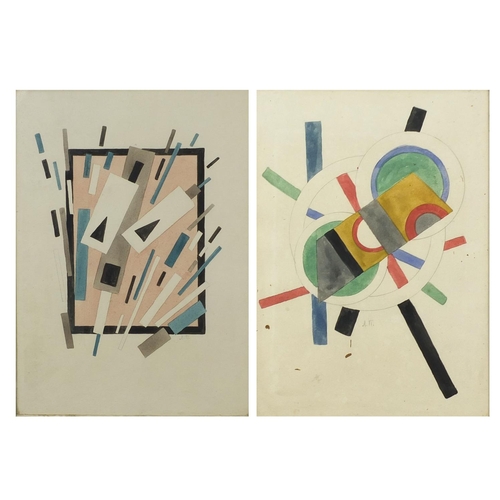 1269 - Pair of pencil and watercolour abstract compositions, geometric shapes, both bearing a monogram, bot... 