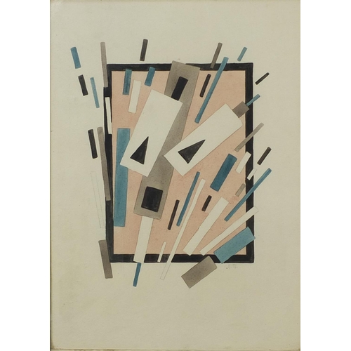 1269 - Pair of pencil and watercolour abstract compositions, geometric shapes, both bearing a monogram, bot... 