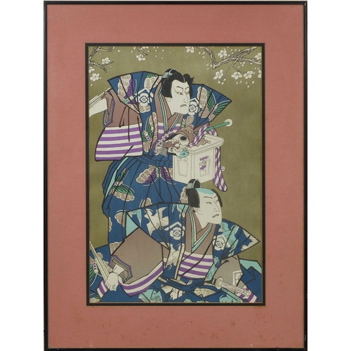 589 - Japanese wood block print, two warriors, mounted and framed, 48cm x 32cm excluding he mount and fram... 