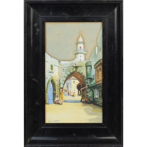 1239 - Watercolour onto card, continental street scene, bearing a signature Noel H Leaver, framed, 25cm x 1... 