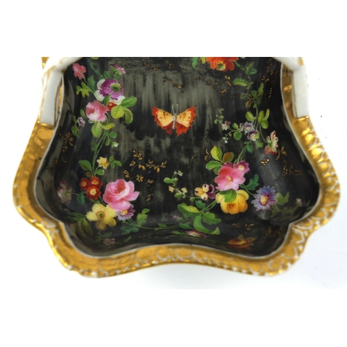 670 - French Jacob Petit porcelain bonbon dish hand painted and gilded with flower and butterflies, factor... 