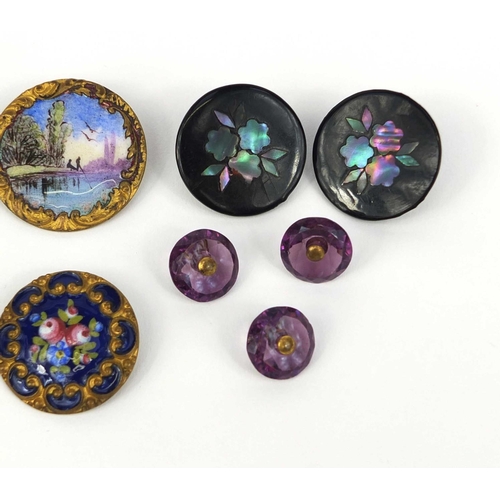 88 - Group of buttons including two pairs of gilt and enamel examples, one pair enamelled with figures be... 