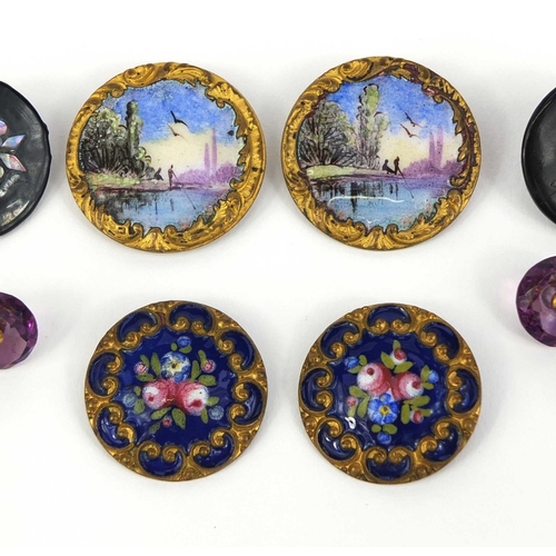 88 - Group of buttons including two pairs of gilt and enamel examples, one pair enamelled with figures be... 