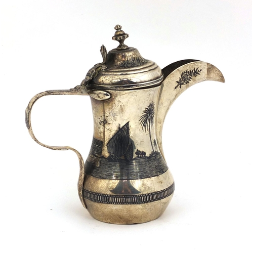 594 - Egyptian silver and niello work coffee pot, with a continuous band of river scenes, 17cm high, appro... 