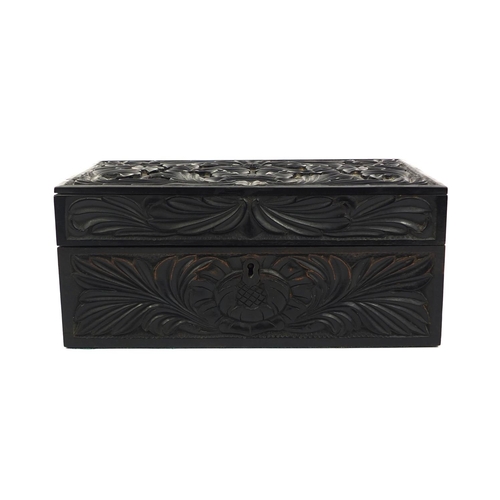 645 - Anglo-Indian hardwood box with lift out fitted interior, the box carved with flowers and foliage, 12... 