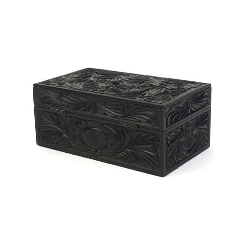 645 - Anglo-Indian hardwood box with lift out fitted interior, the box carved with flowers and foliage, 12... 