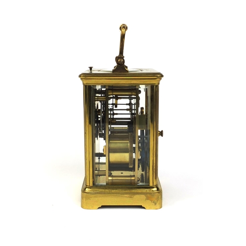 1095 - Henri Jacot gilt brass repeating carriage clock striking on a gong, together with velvet lined leath... 