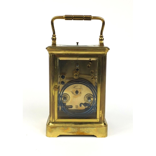 1095 - Henri Jacot gilt brass repeating carriage clock striking on a gong, together with velvet lined leath... 